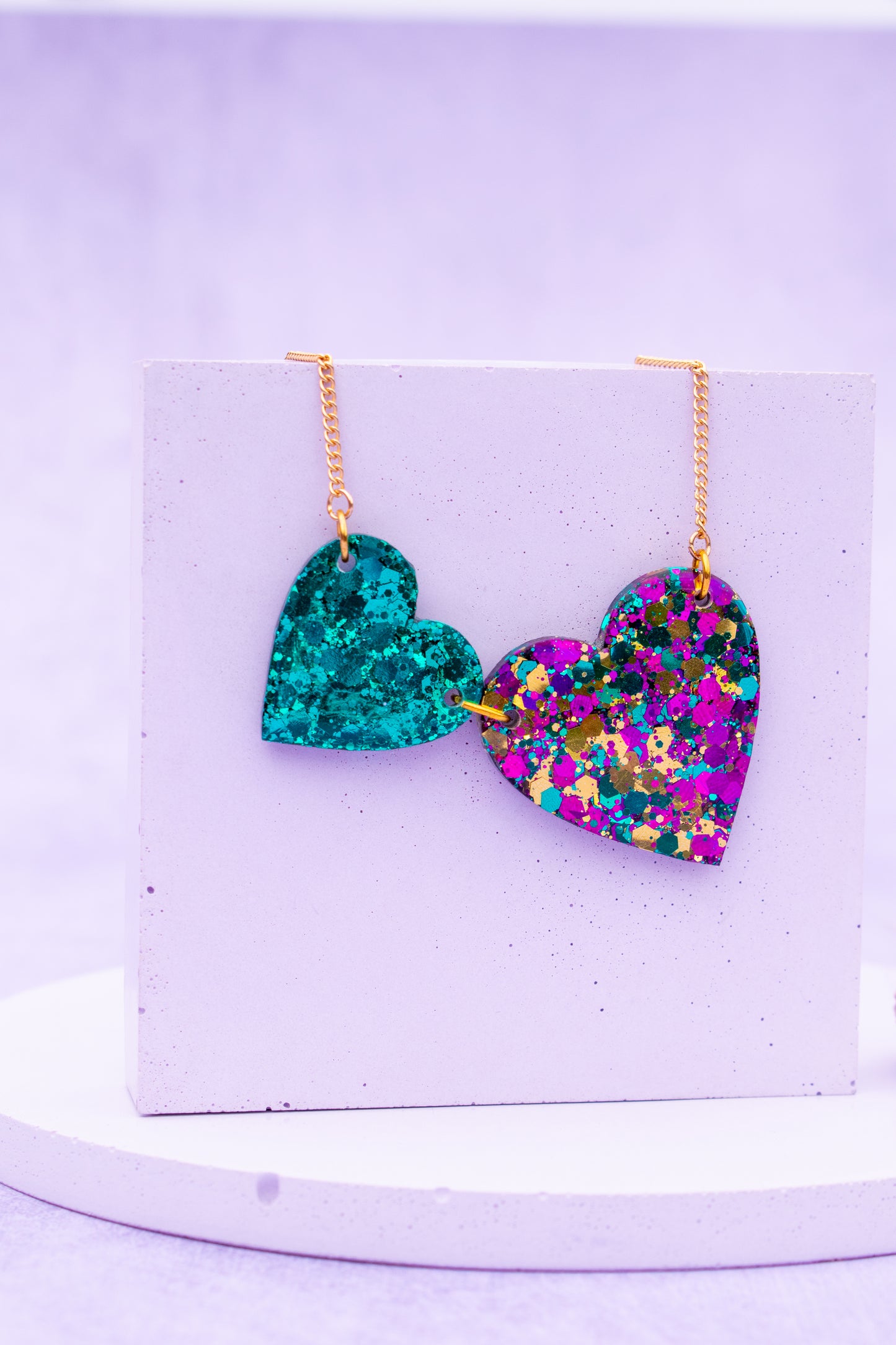 Multi-Coloured Glitter & Teal Love Hearts Statement Necklace