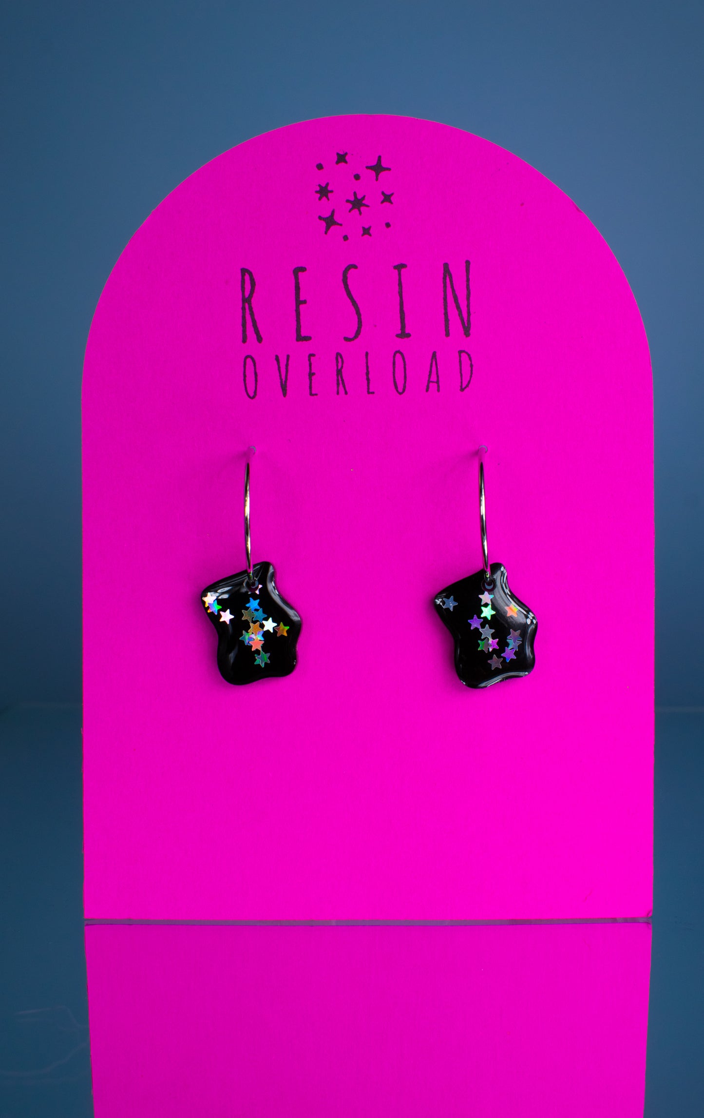 Irregular Shaped Hoop Earrings Wiggle Black Holographic Stars
