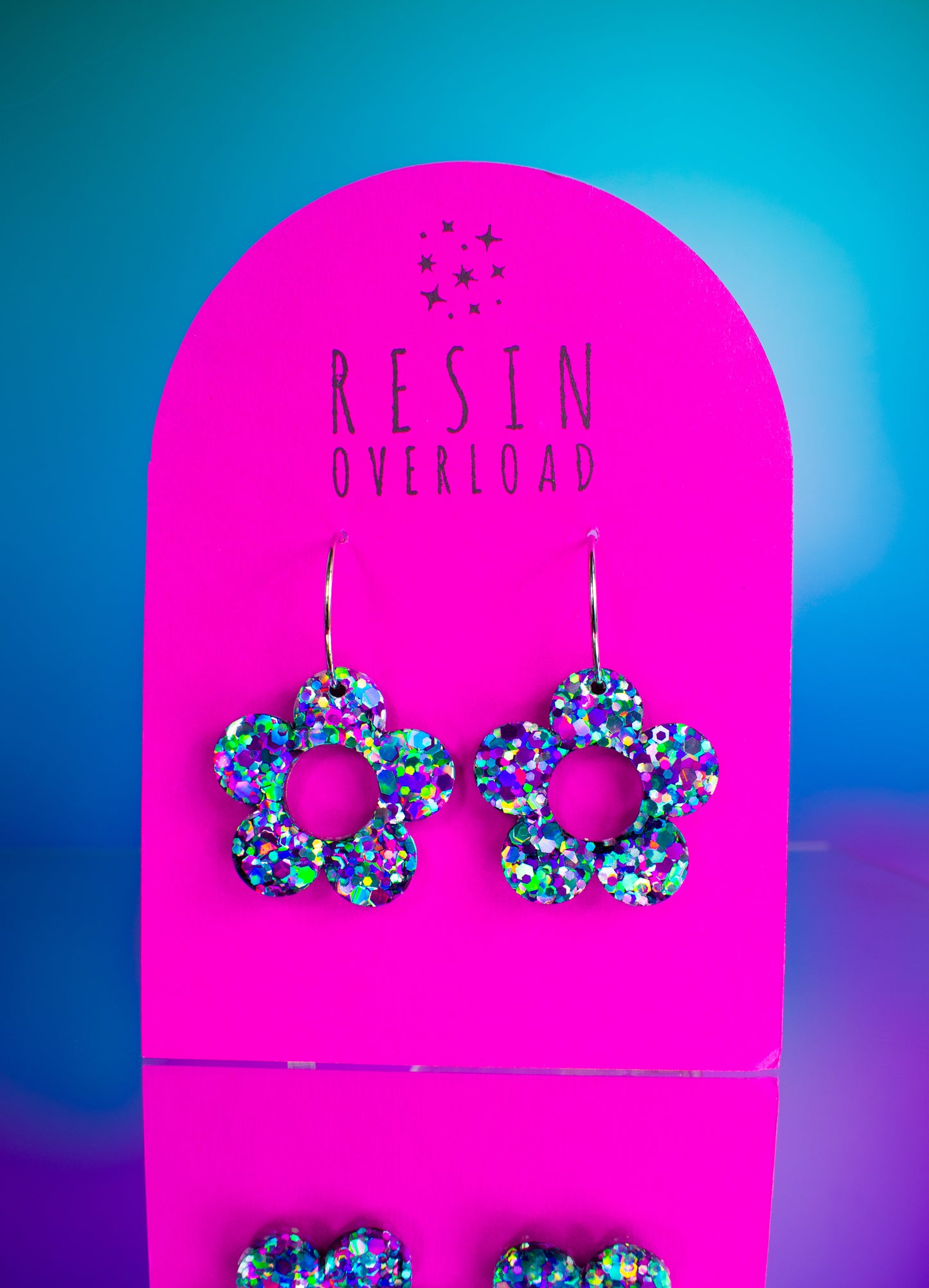 Cute Flower Hoop Earrings Purple Blue Silver Glitter Daisy Shaped