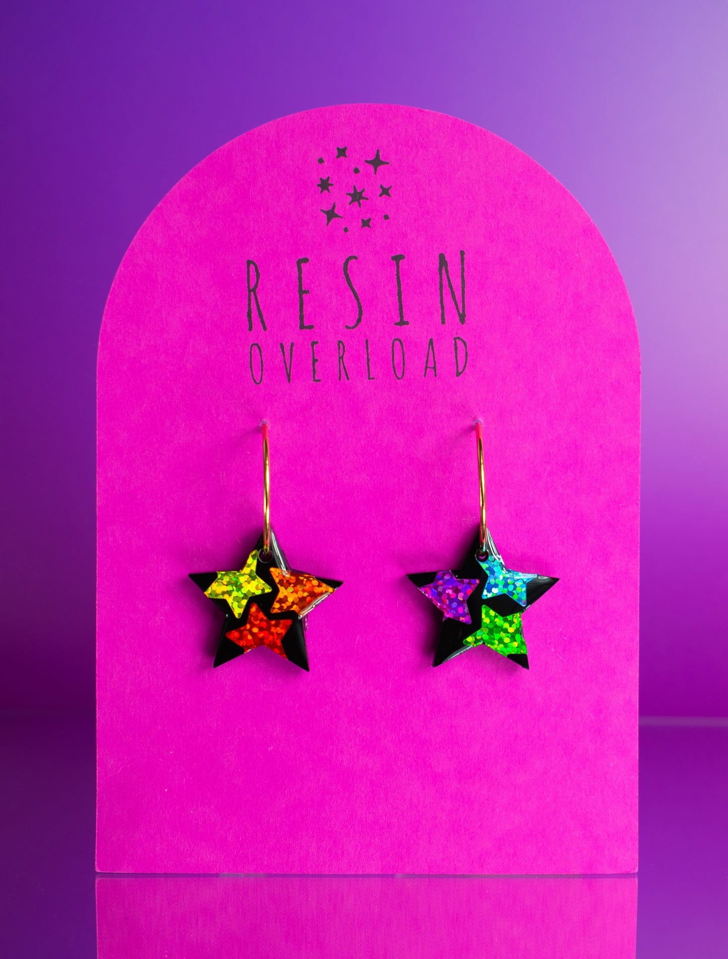 Rainbow Star Earrings Gold Hoops (Small)