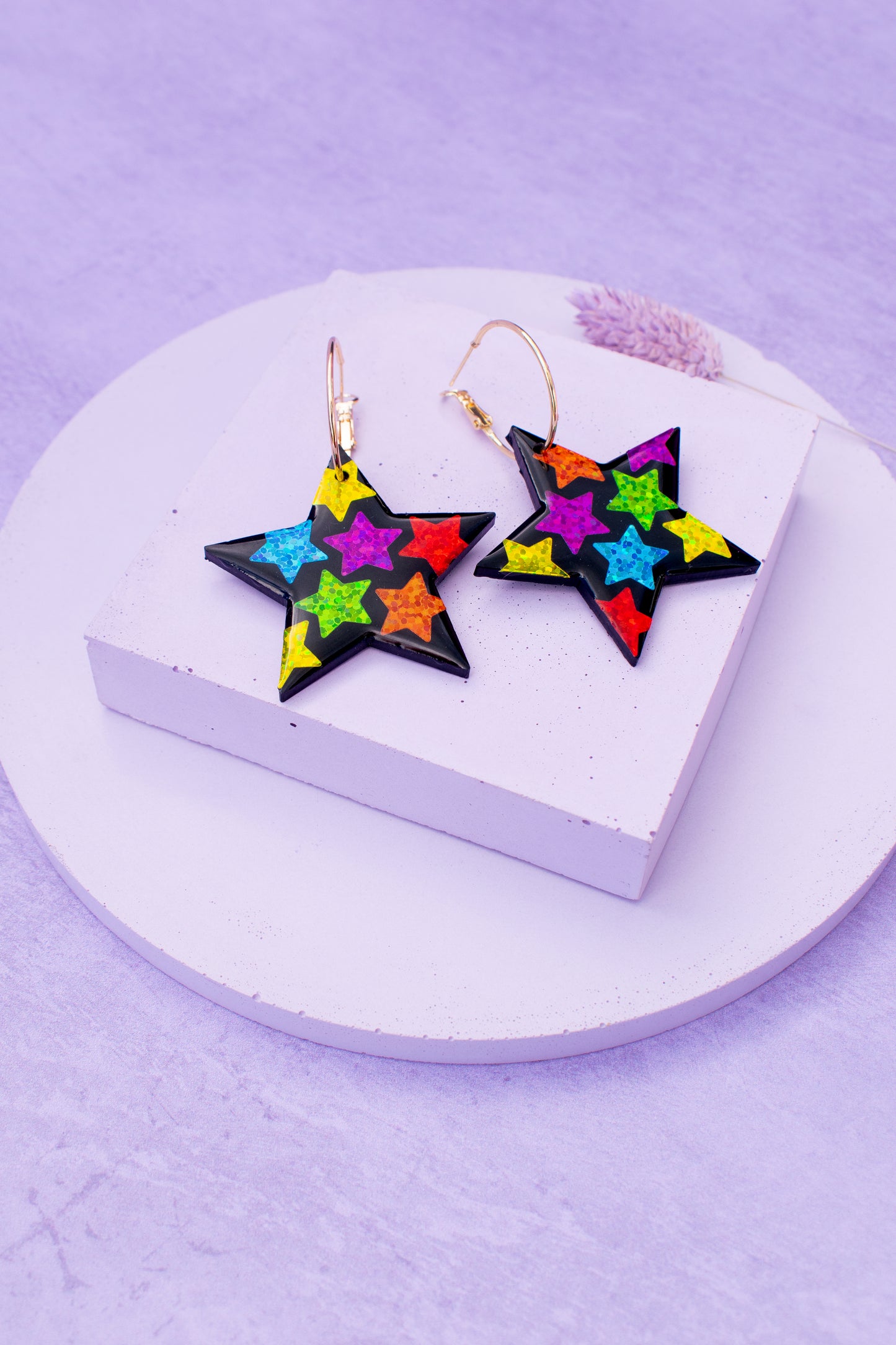 Rainbow Star Earrings Gold Hoops (Small)