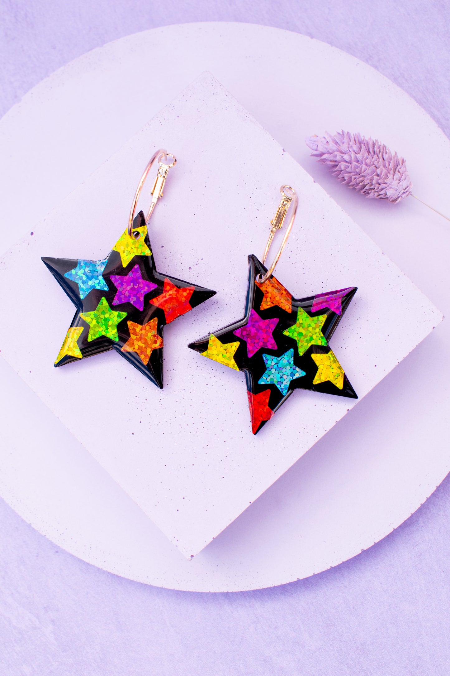 Rainbow Star Earrings Gold Hoops (Small)