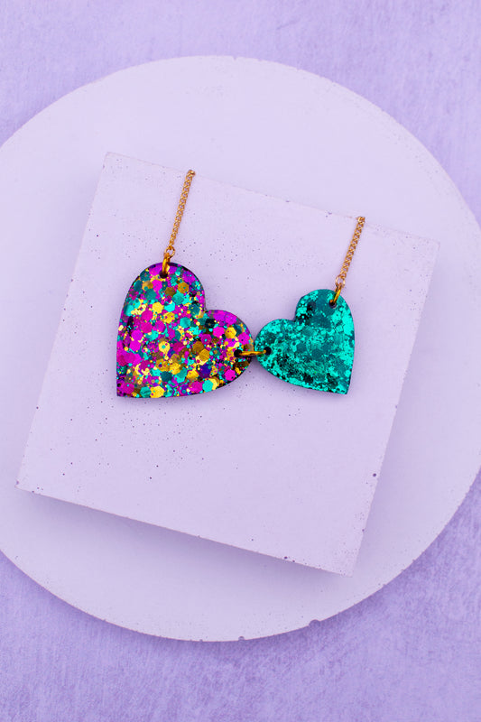 Multi-Coloured Glitter & Teal Love Hearts Statement Necklace