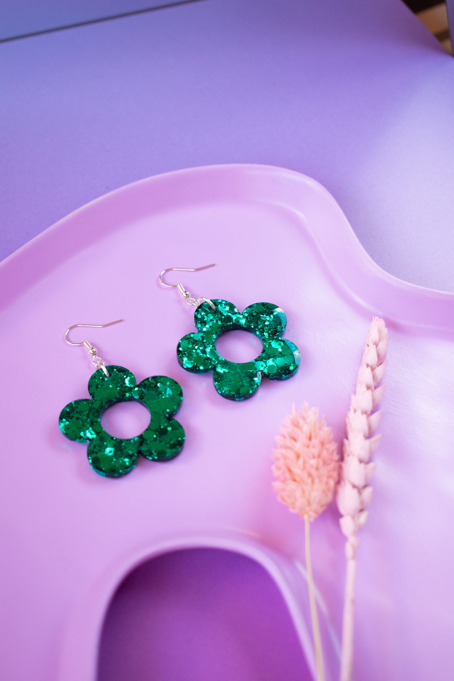 Teal Green Glitter Flower Earrings Daisy Shaped