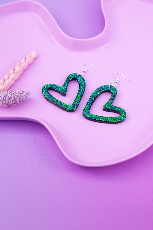 Green & Black Glitter Heart Shaped Earrings