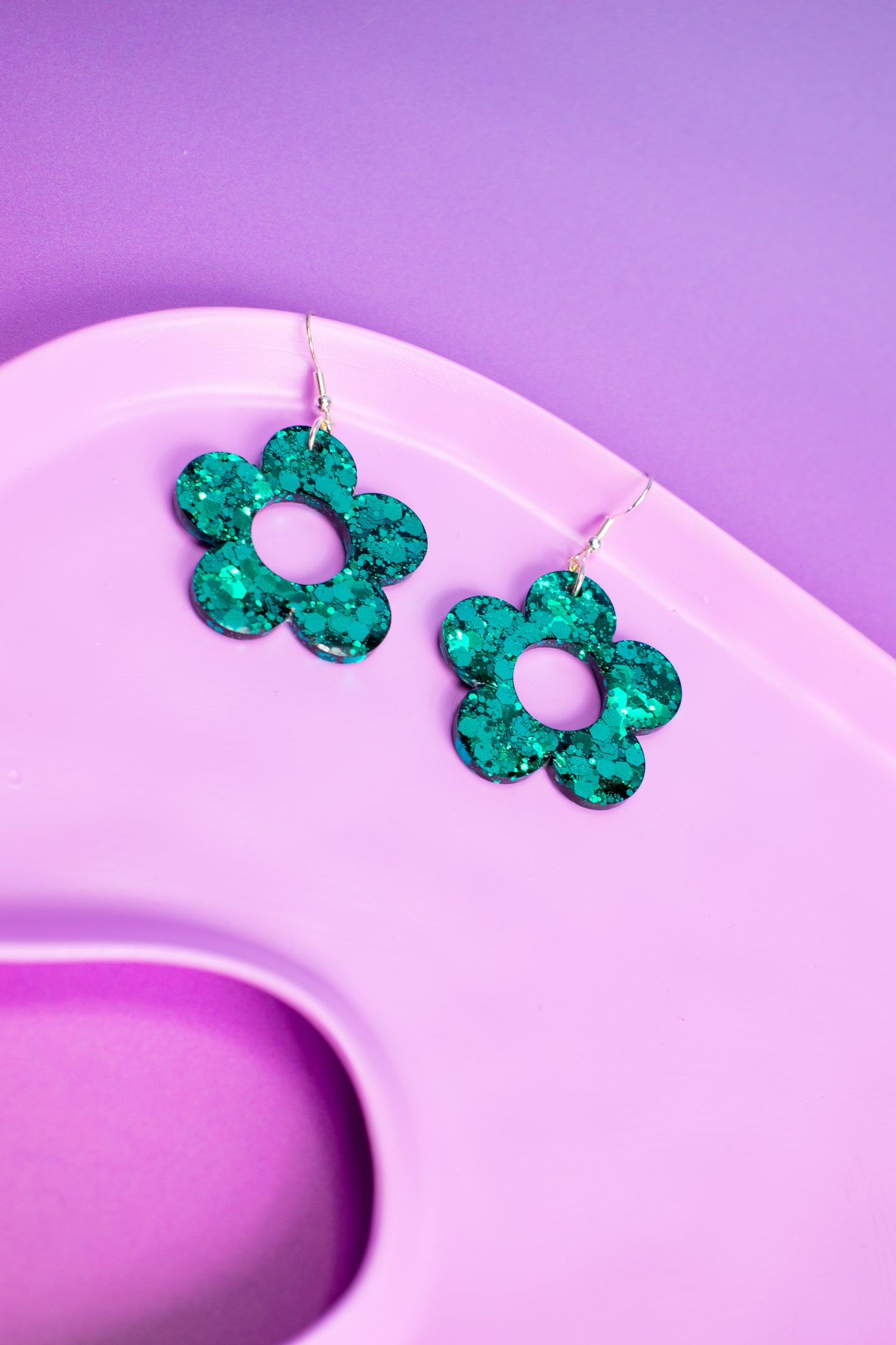 Teal Green Glitter Flower Earrings Daisy Shaped