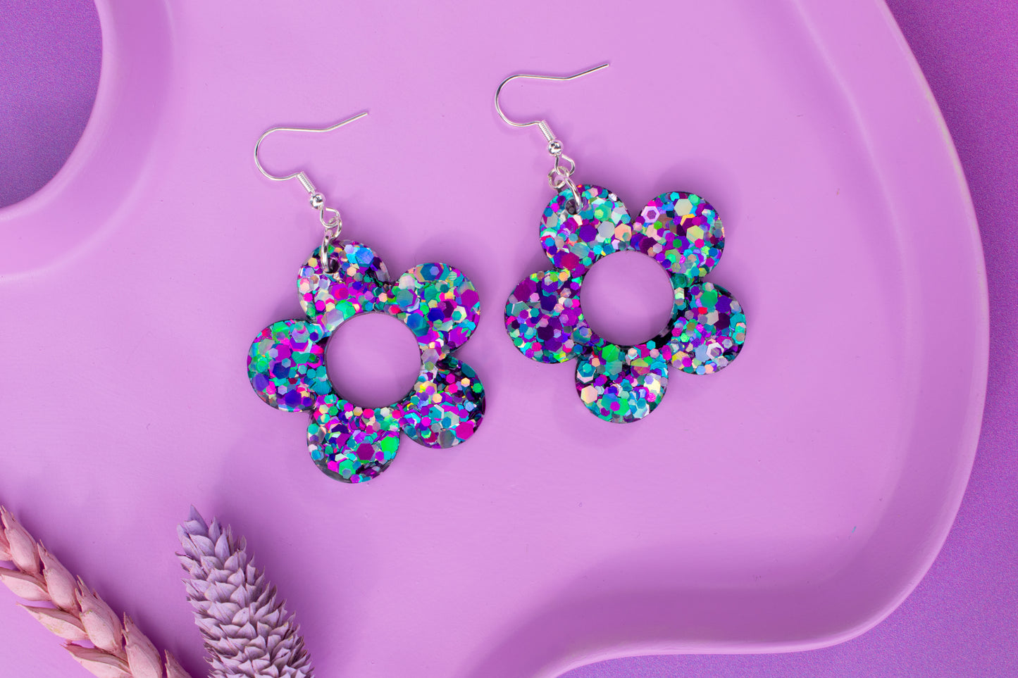 Multicoloured Flower Earrings Daisy Shaped Purple Blue Silver Glitter