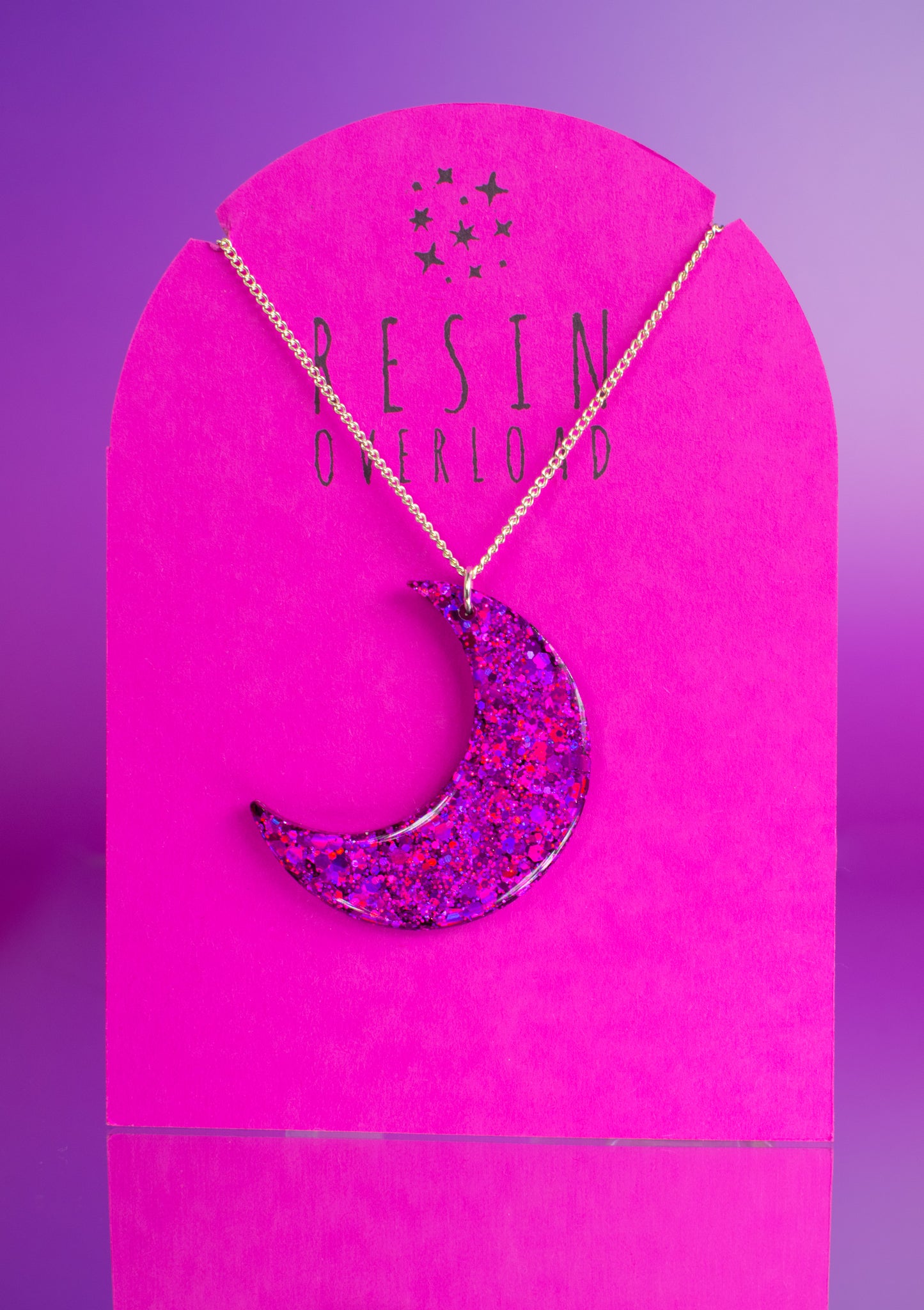 Large Glitter Crescent Moon Pendant Necklace Pink Purple Glitter
