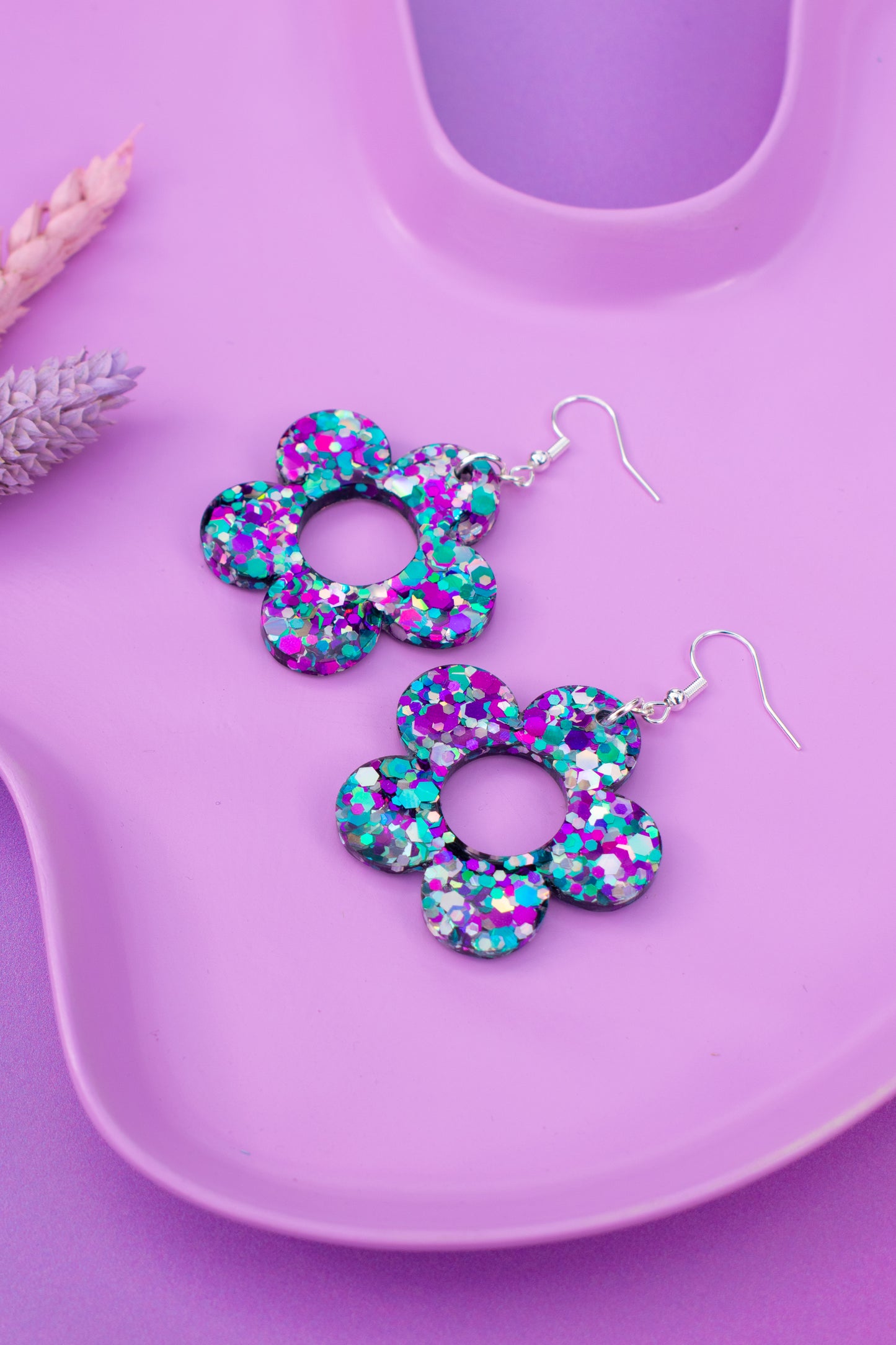 Multicoloured Flower Earrings Daisy Shaped Purple Blue Silver Glitter
