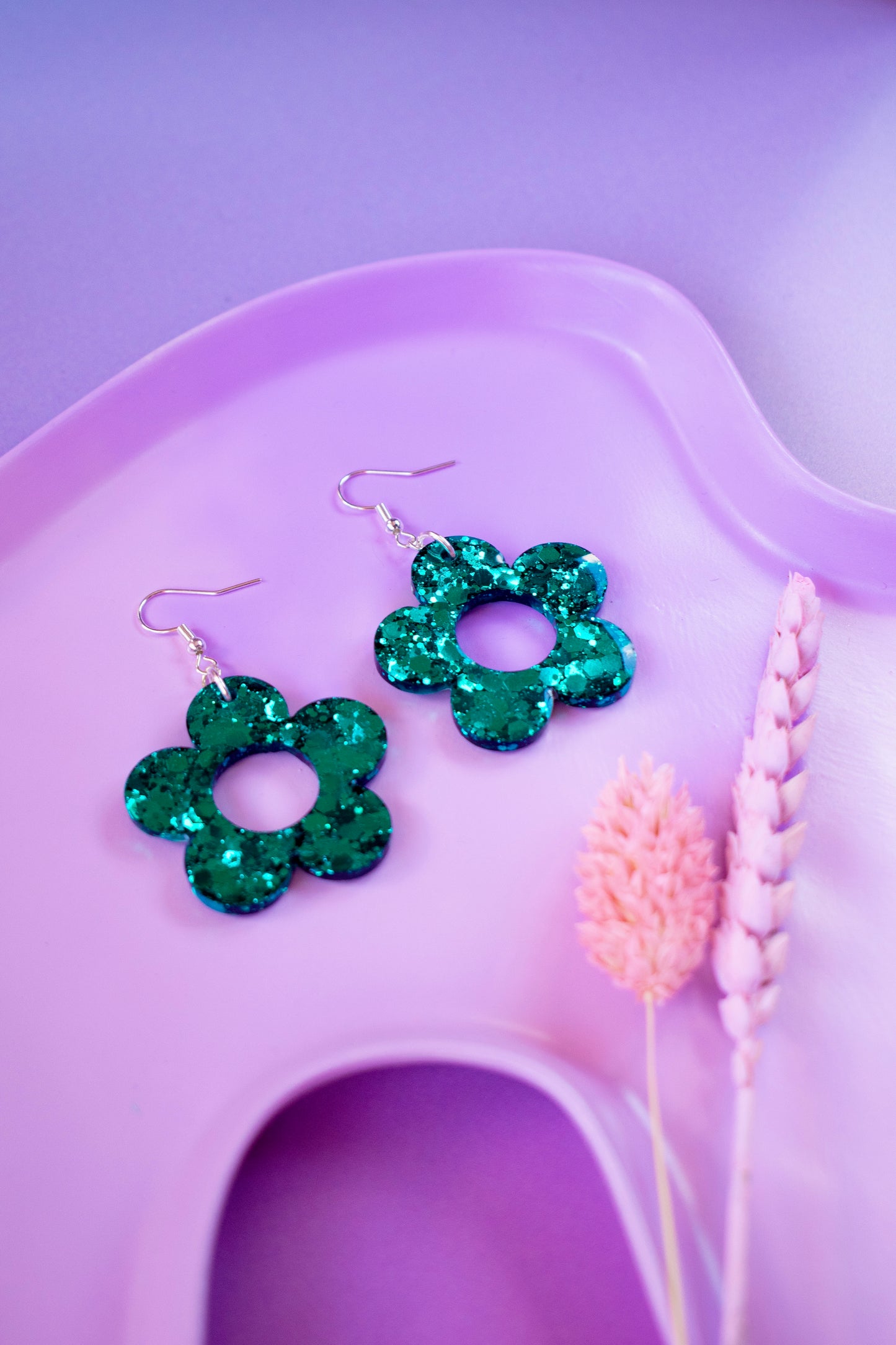 Teal Green Glitter Flower Earrings Daisy Shaped