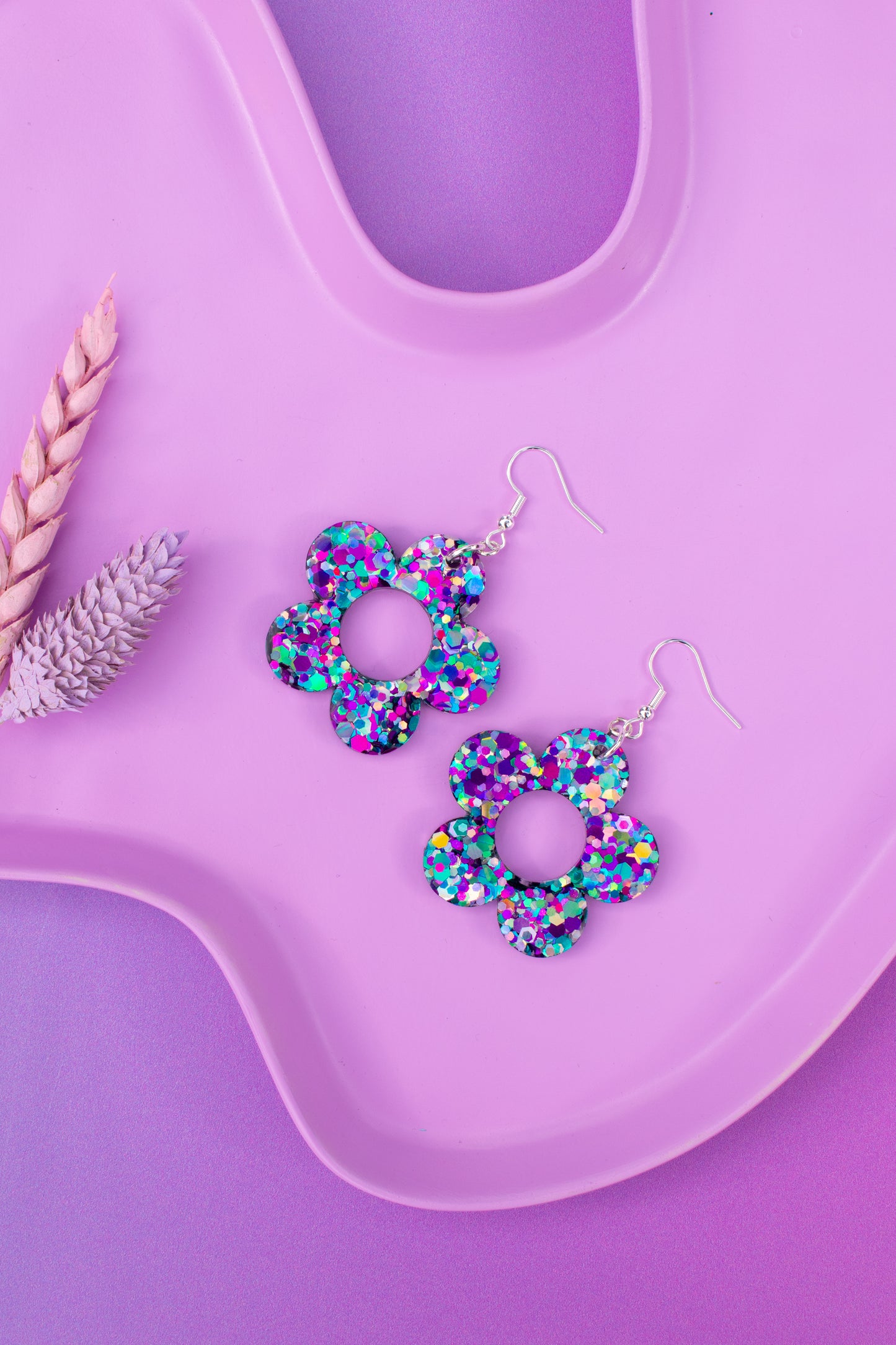 Multicoloured Flower Earrings Daisy Shaped Purple Blue Silver Glitter