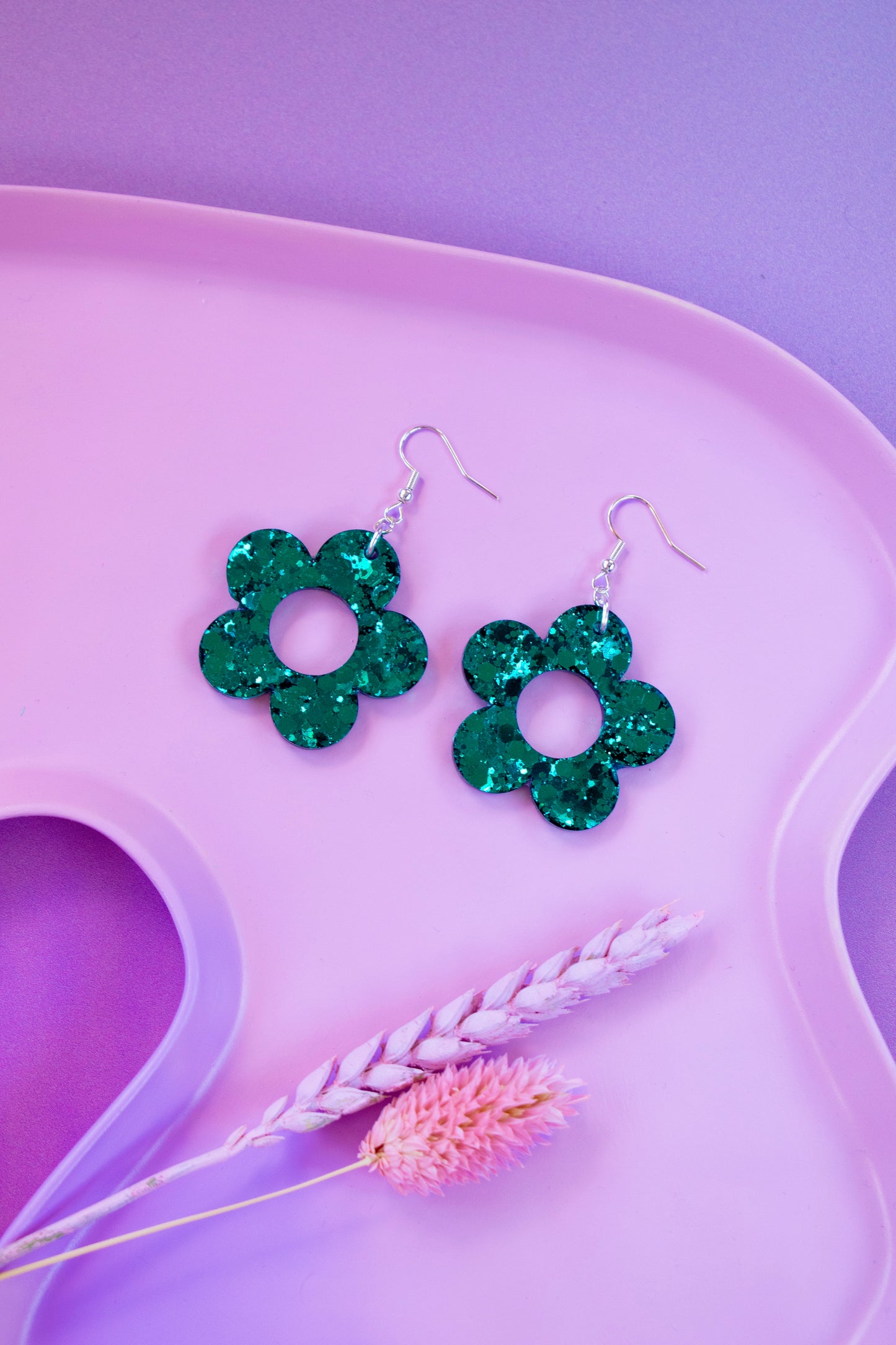 Teal Green Glitter Flower Earrings Daisy Shaped