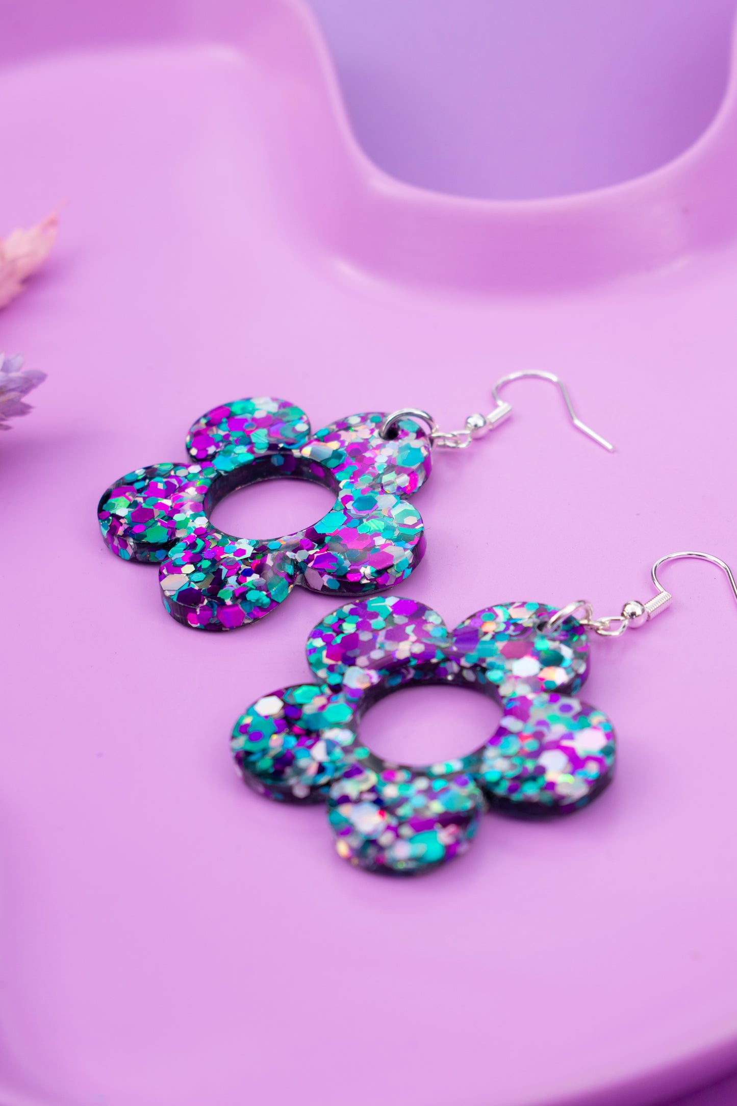 Multicoloured Flower Earrings Daisy Shaped Purple Blue Silver Glitter