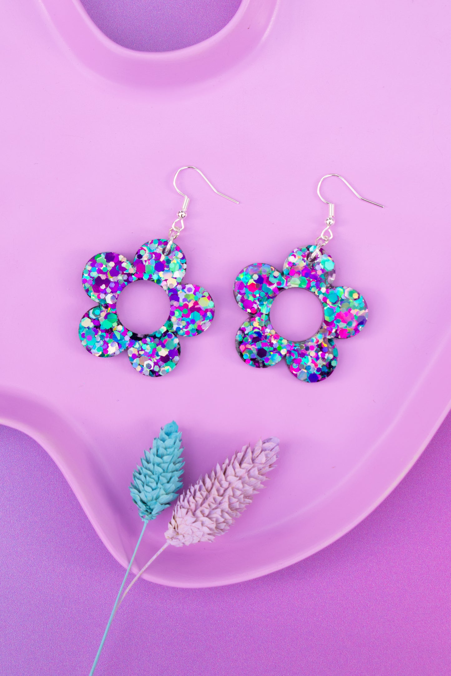 Multicoloured Flower Earrings Daisy Shaped Purple Blue Silver Glitter