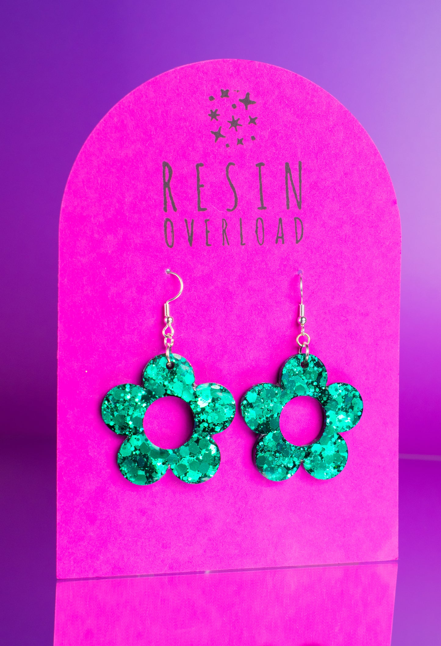 Teal Green Glitter Flower Earrings Daisy Shaped