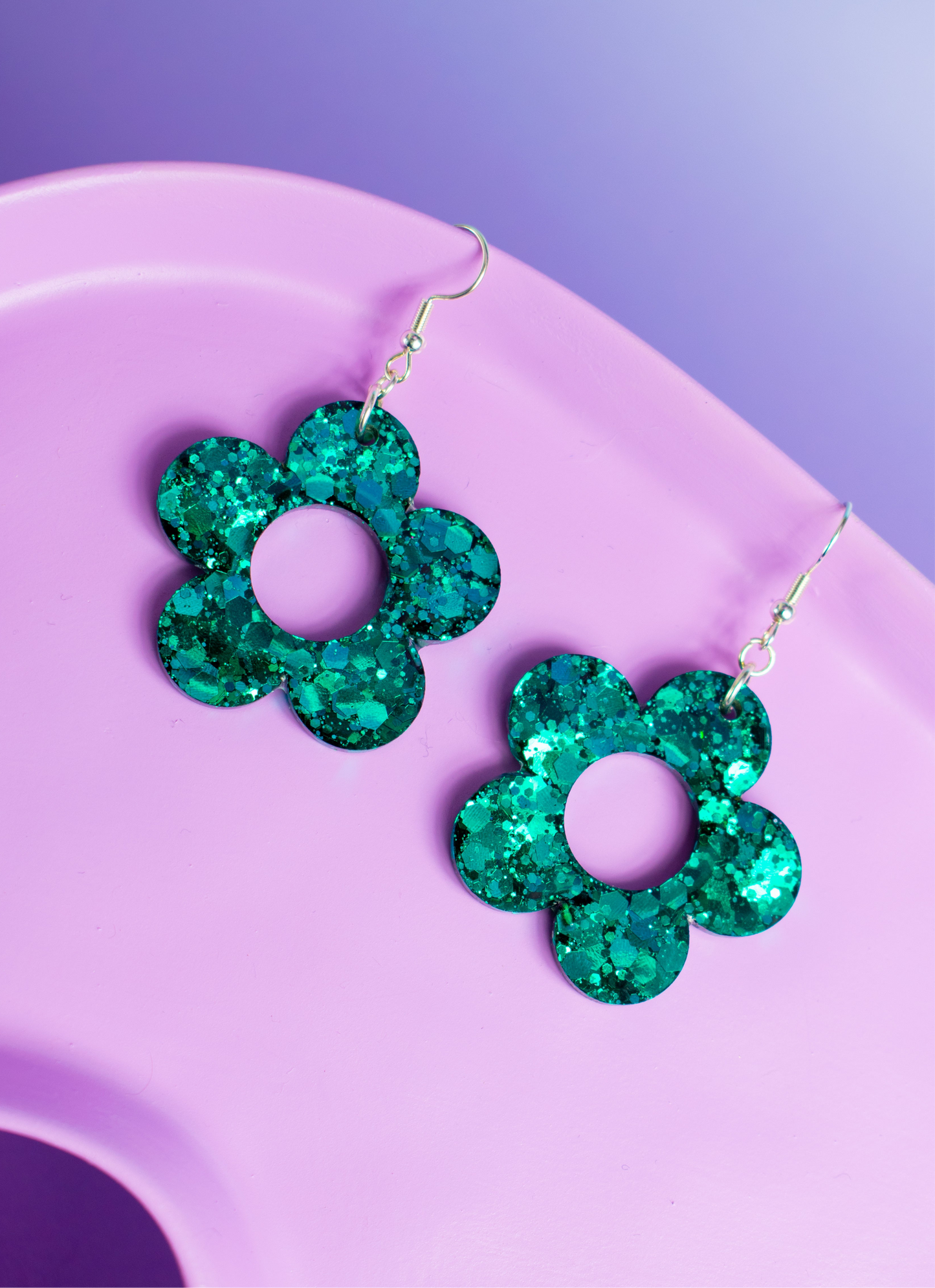 Teal Green Glitter Flower Earrings Daisy Shaped