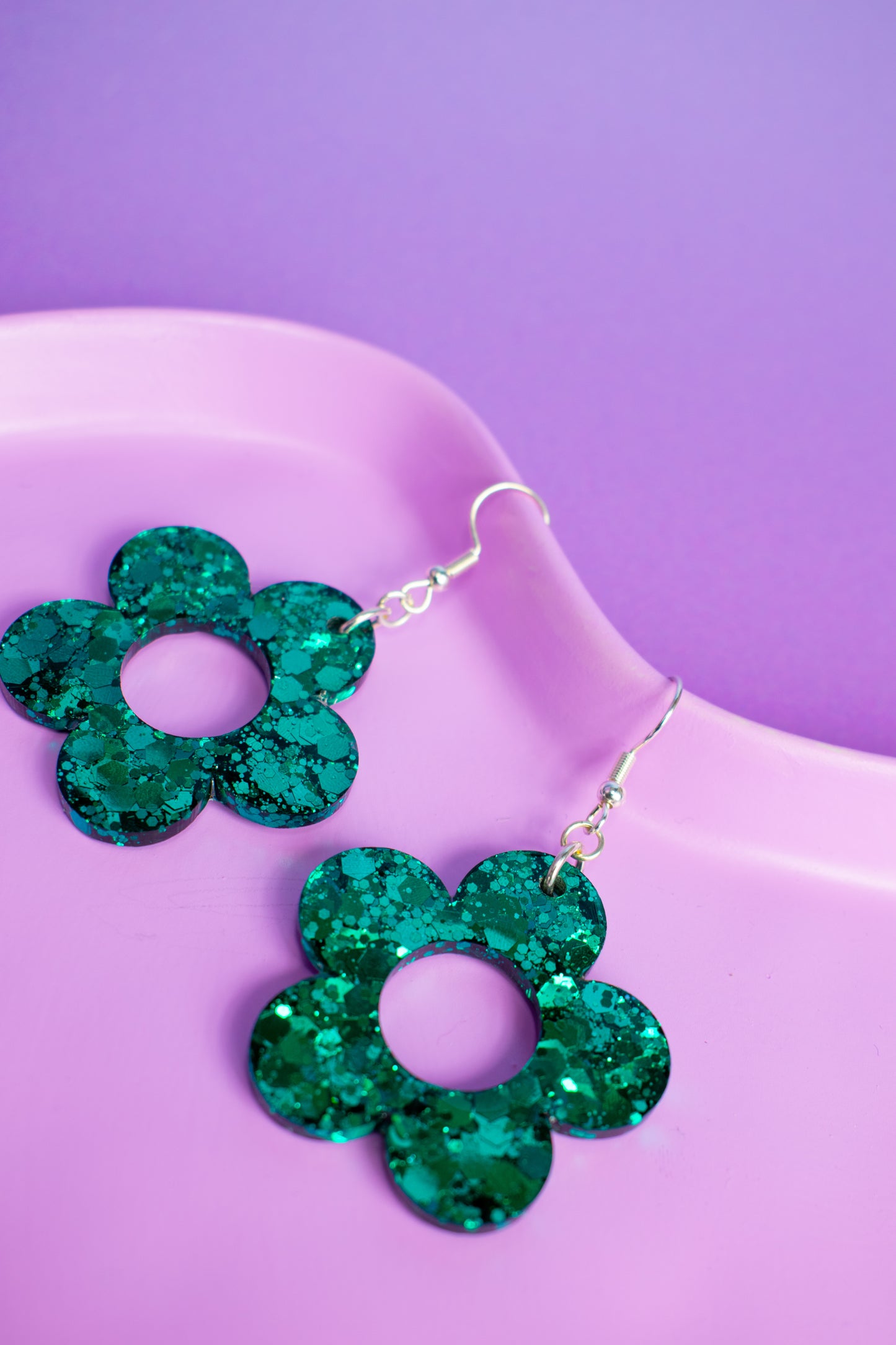 Teal Green Glitter Flower Earrings Daisy Shaped