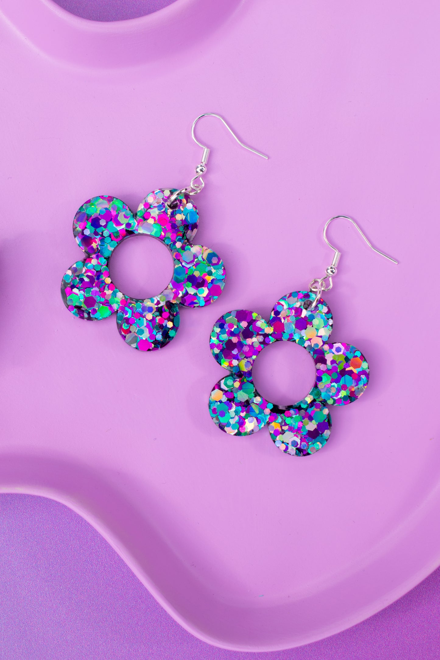 Multicoloured Flower Earrings Daisy Shaped Purple Blue Silver Glitter
