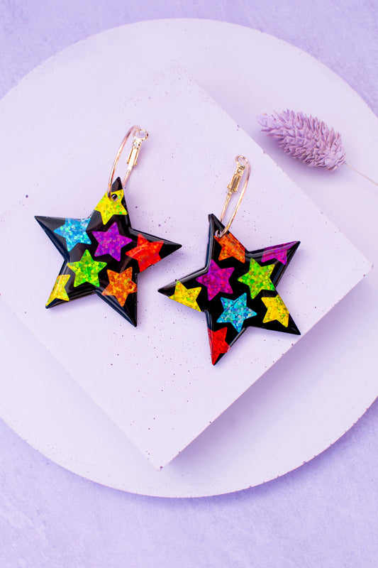 Rainbow Star Statement Earrings Gold Hoops