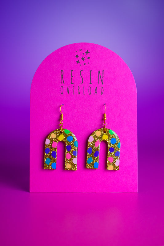 Gold & Rainbow Arch Glitter Earrings