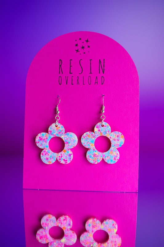 Pink Orange Iridescent Glitter Flower Earrings Daisy Shaped