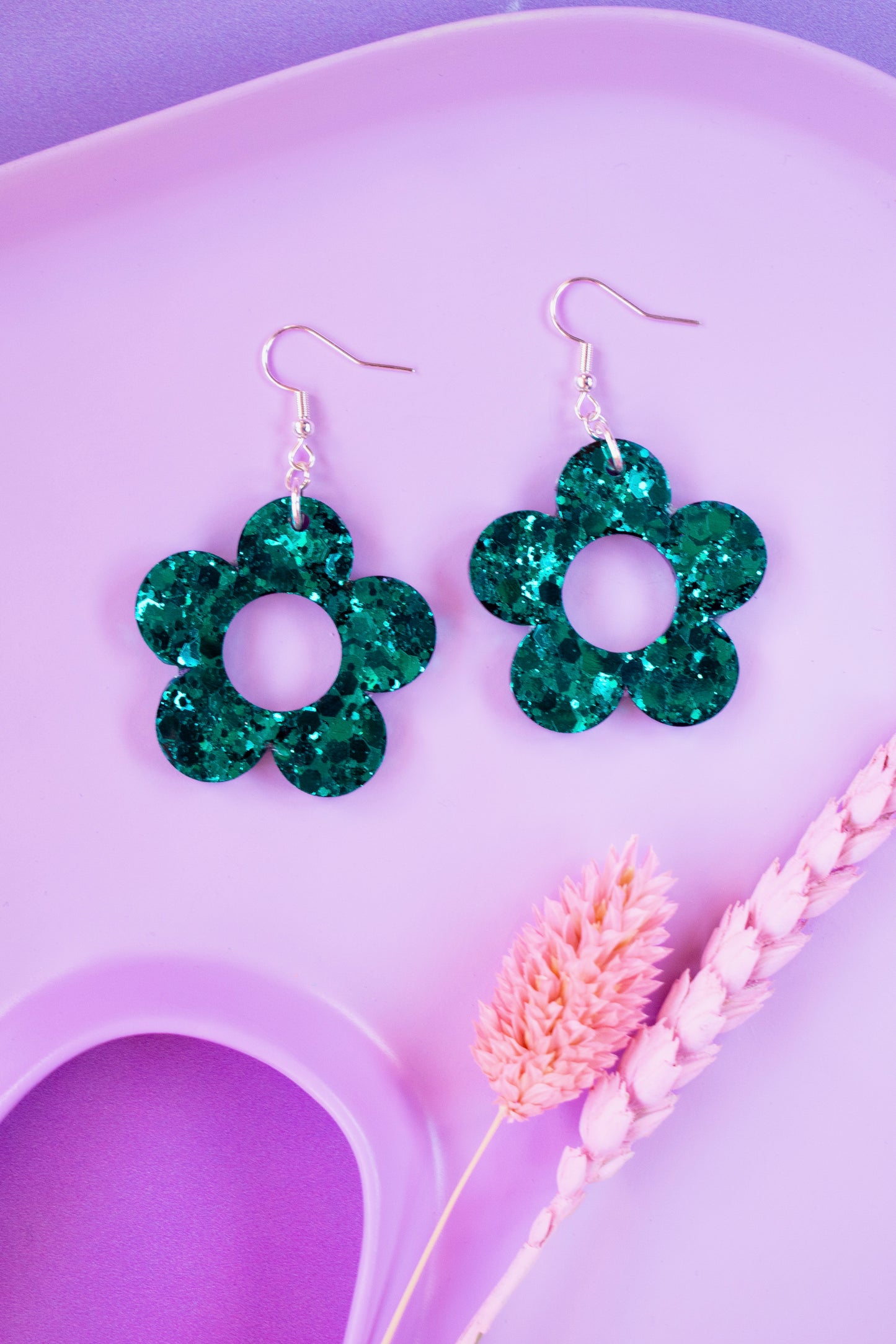 Teal Green Glitter Flower Earrings Daisy Shaped