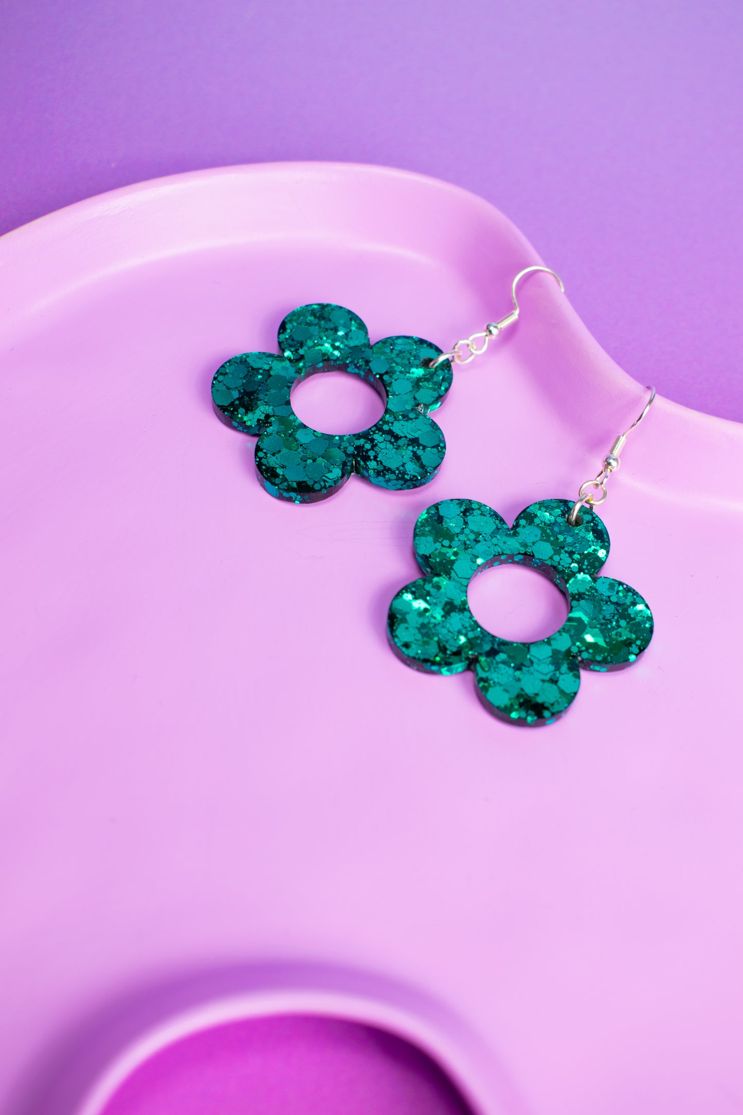 Teal Green Glitter Flower Earrings Daisy Shaped